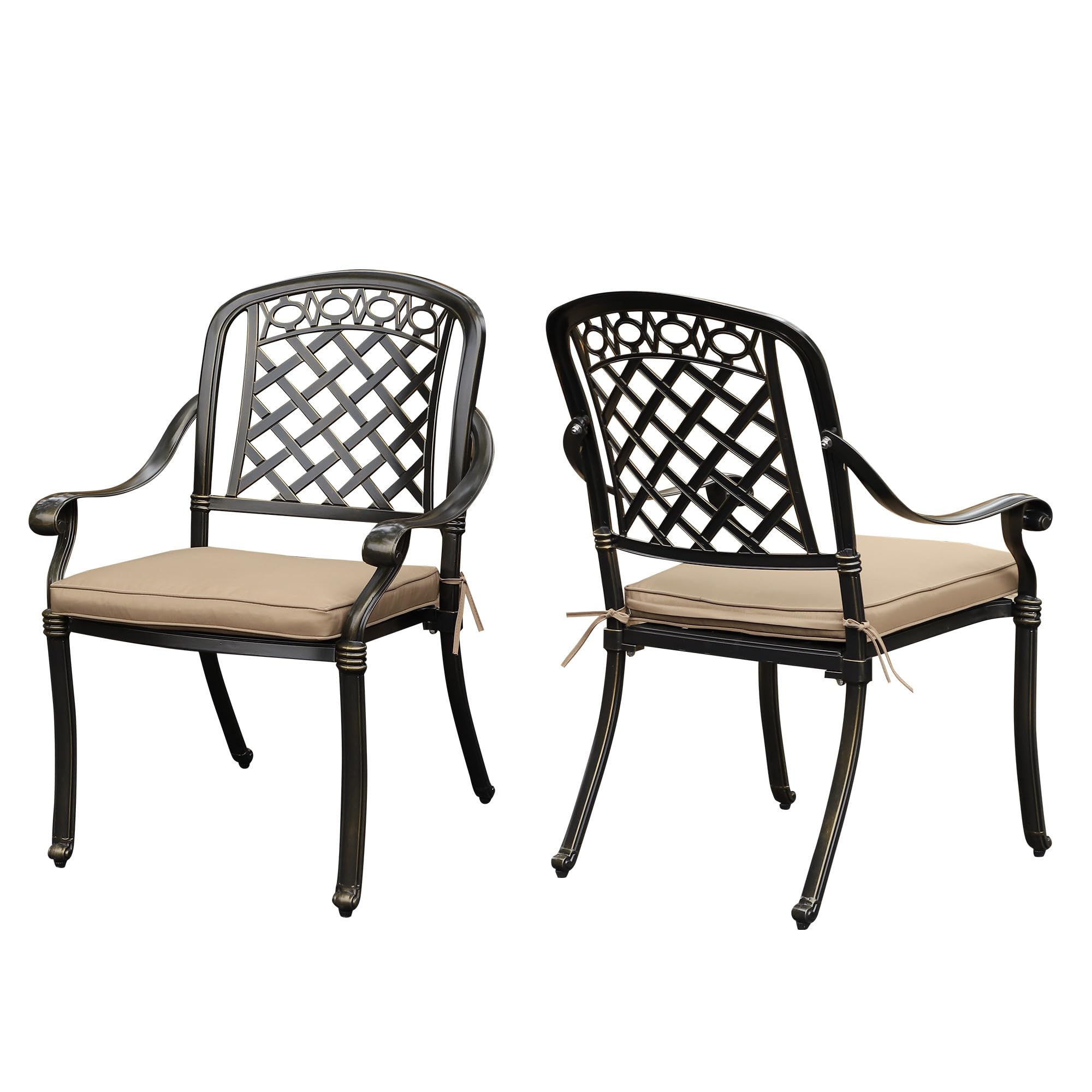 Sumshadow 2-PCS Cast Aluminum Patio Dining Chairs, All Weather Patio Bistro Dining Chairs Set of 2 with Armrests & Cushion, Stackable Patio Dining