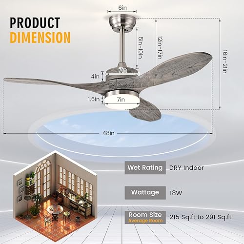 Miniatura 8 de GOFLAME Ventilador de techo de 48 pulgadas con luz LED, ventilador de techo reversible para interiores con motor de CC, 6 velocidades de viento, 3