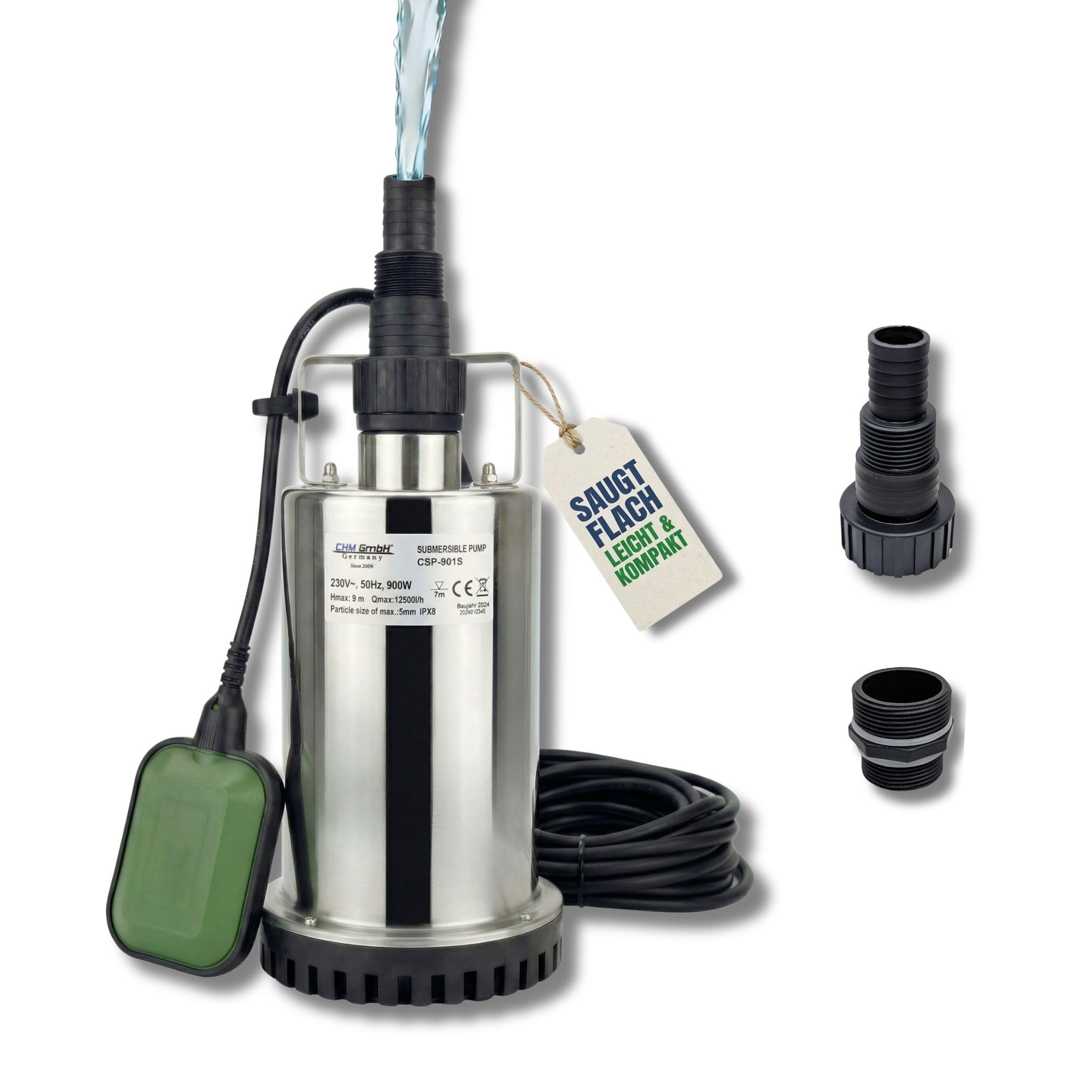 Flachsaugende Edelstahl Tauchpumpe 900 Watt Schmutzwasser geeignet Fördermenge und Hubhöhe 12500l/h 9 Meter mit Schwimmschalter und Dauerbertieb funktion