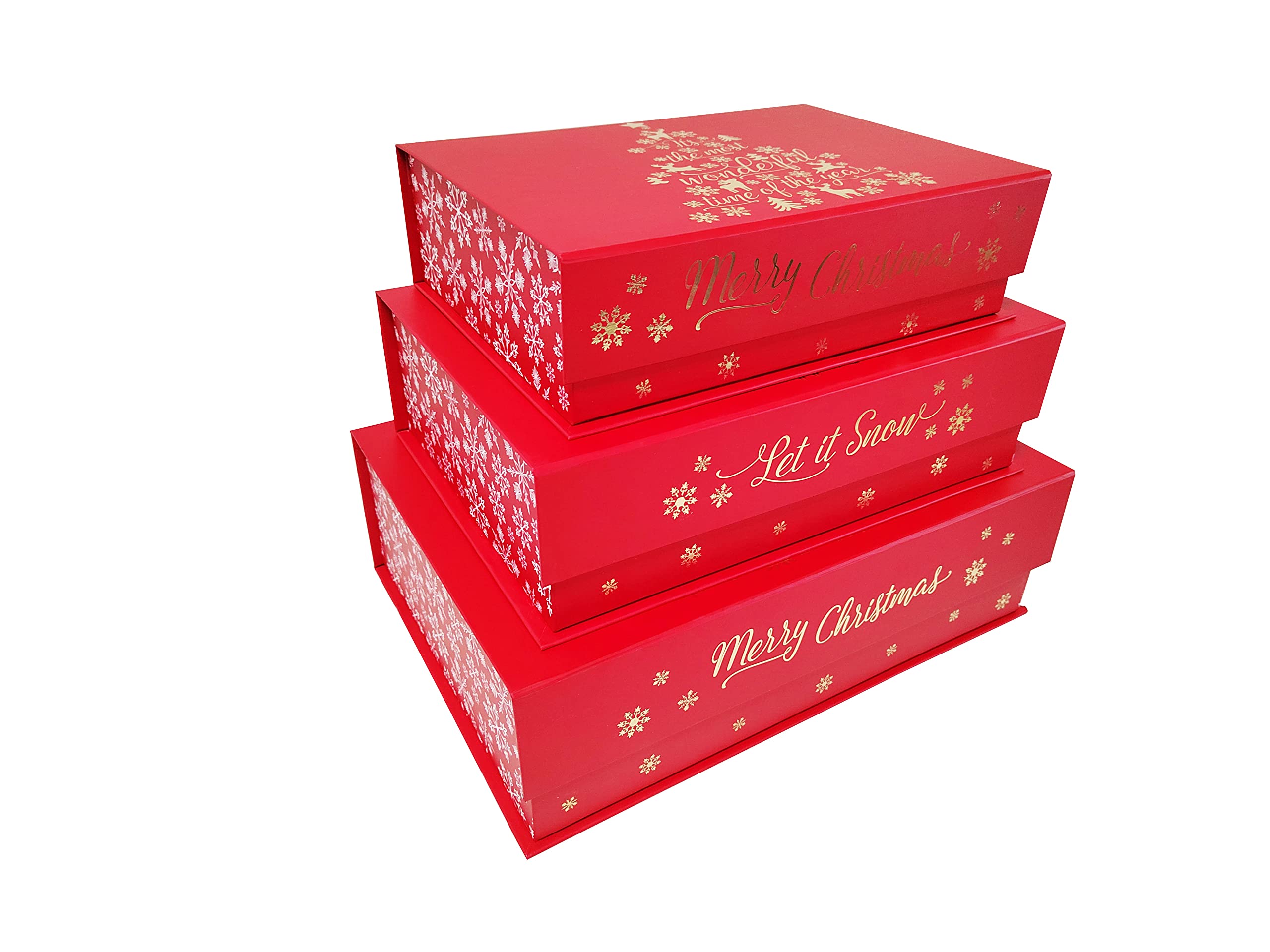 VOTUM Set of 3 Nesting Holiday Storage Boxes - Decorative Treasure Chest Stackable Paperboard Containers with Fitted Lids and Seasonal Sayings - Santa Season