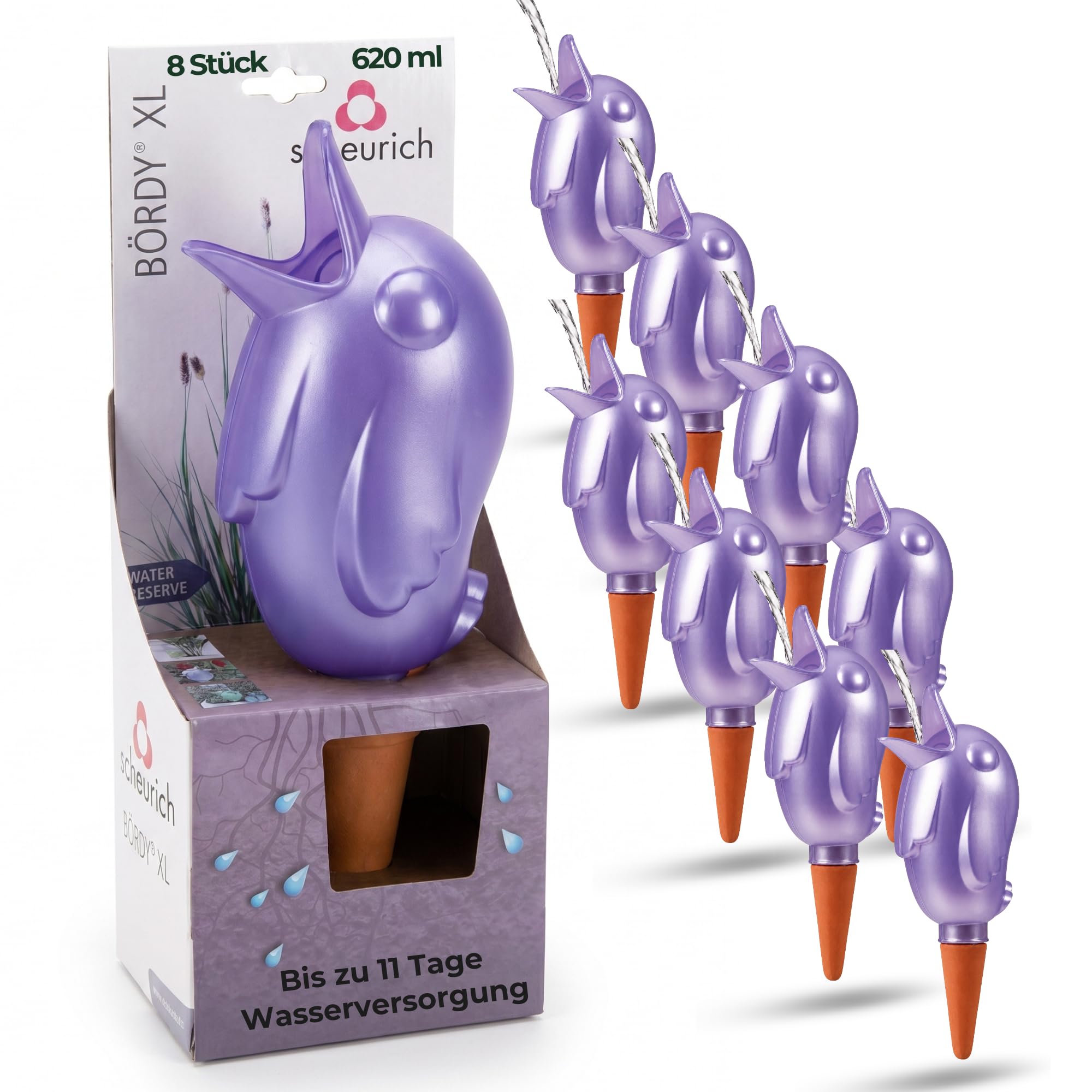 Scheurich Wasserspender XL Lila 8 Stück - 620ml Wasser für bis zu 7 Tage Purple Pearl Höhe 29 cm mit Tonkegel
