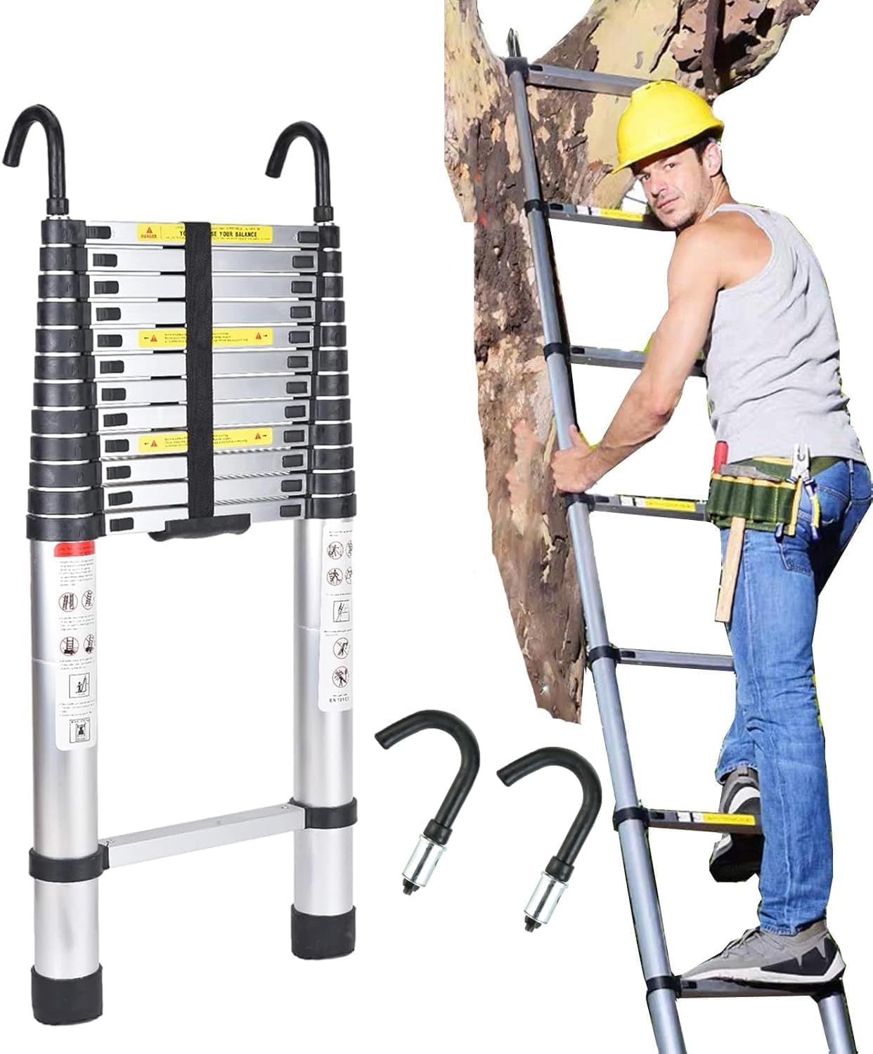 5-Meter Telescoping Ladder with Hooks – Aluminum Straight Ladder, 150 kg Capacity, Foldable Retractable, Multi-Purpose, Extensible, Compact & Portable, Rung Locking