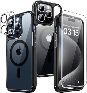 TAURI [5 in 1] Magnetic Case for iPhone 15 Pro Max [Military Grade Drop Protection] with 2X Screen Protector +2X Camera Lens Protector, Translucent Matte Slim Fit Designed for Magsafe Case-Black