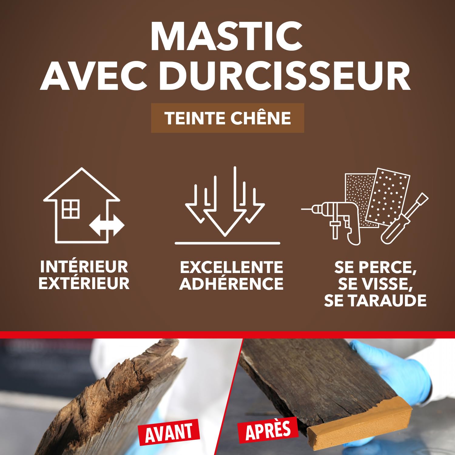 SINTO Mastic reconstitue angles et gros trous chêne 500ml, mastic bi-composant séchage en 20 min, parquets meubles menuiseries, bonne adhérence et résistance sur bois, intérieur et extérieur