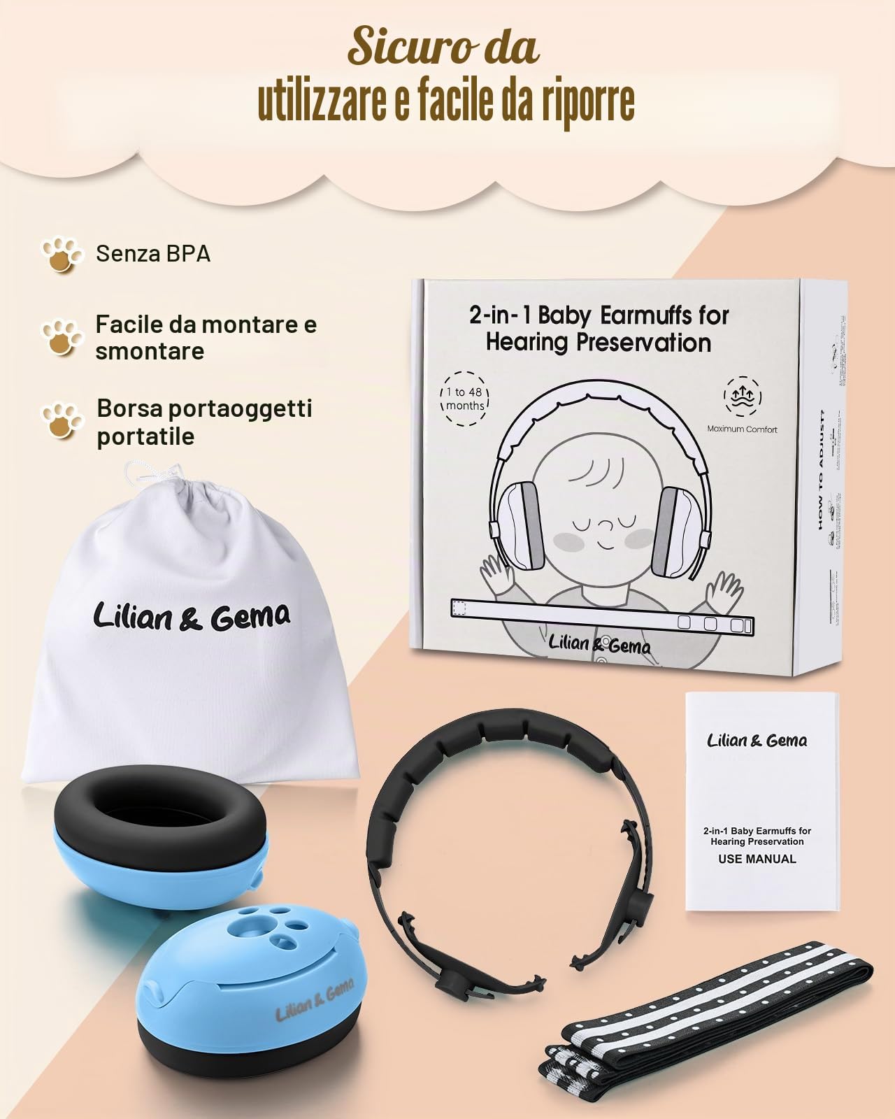 Lilian&Gema Casco Anti Rumore 2 in 1, Confortevole e Regolabile per Bambini fino a 48 Mesi, Ideale per Sonno e Attività