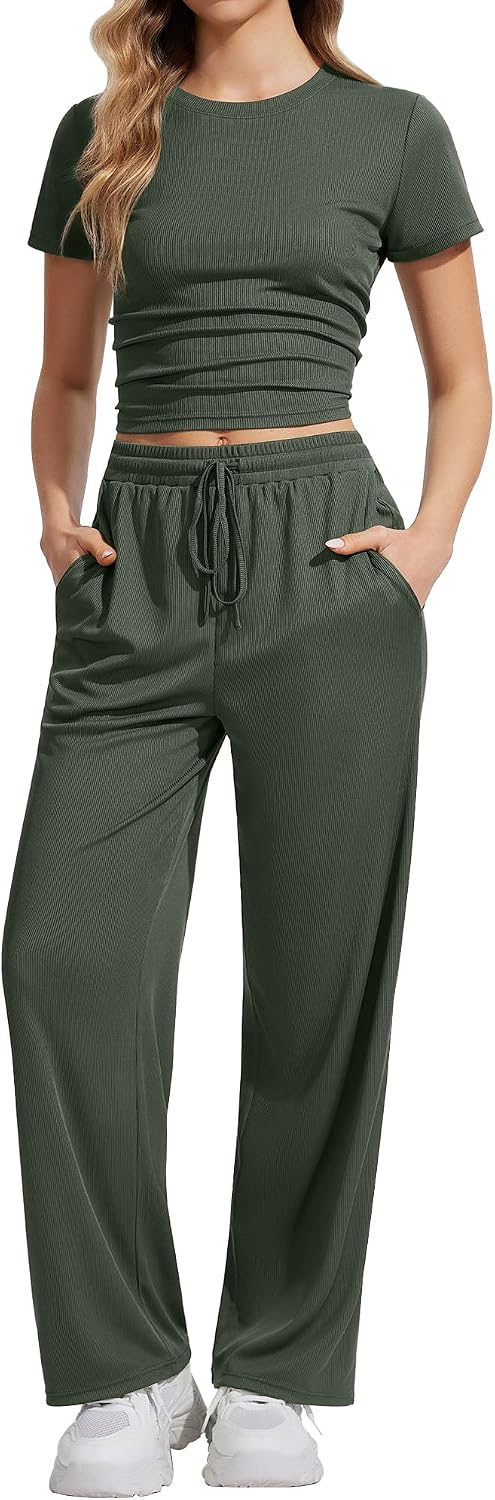 Two Piece Lounge Set Short Sleeve Side Ruching Top Wide Leg Pants with Drawstring womens summer Matching Set sweatsuit