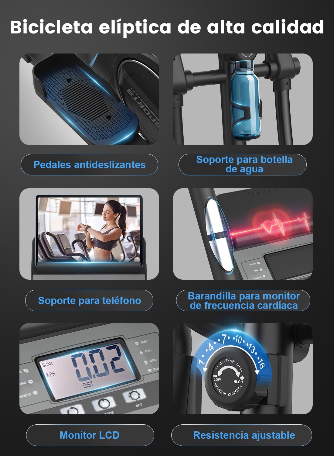 Elíptica para Casa, Bicicleta Elíptica Magnética Ultrasilenciosa con 16 Niveles de Resistencia, Volante de Inercia de 8 kg, Zancada de 42 cm, Monitor LCD, Portabotellas, Carga Máx 150 kg