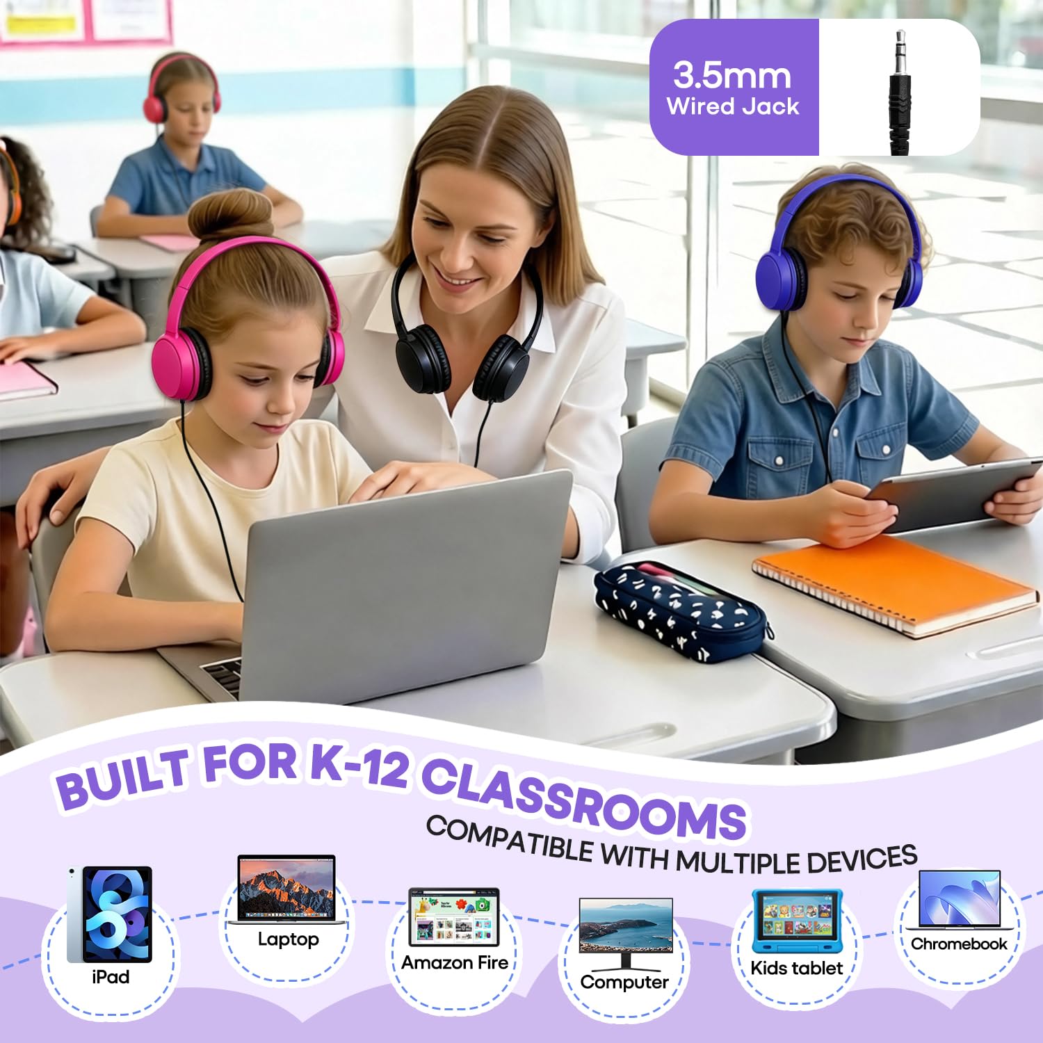 Cuffie per aule per bambini, confezione da 10 pezzi, resistenti, con cavo, set di classe per studenti, biblioteca, scuola, Chromebook, laptop, computer, con jack da 3,5 mm (HY30, 10 misti)