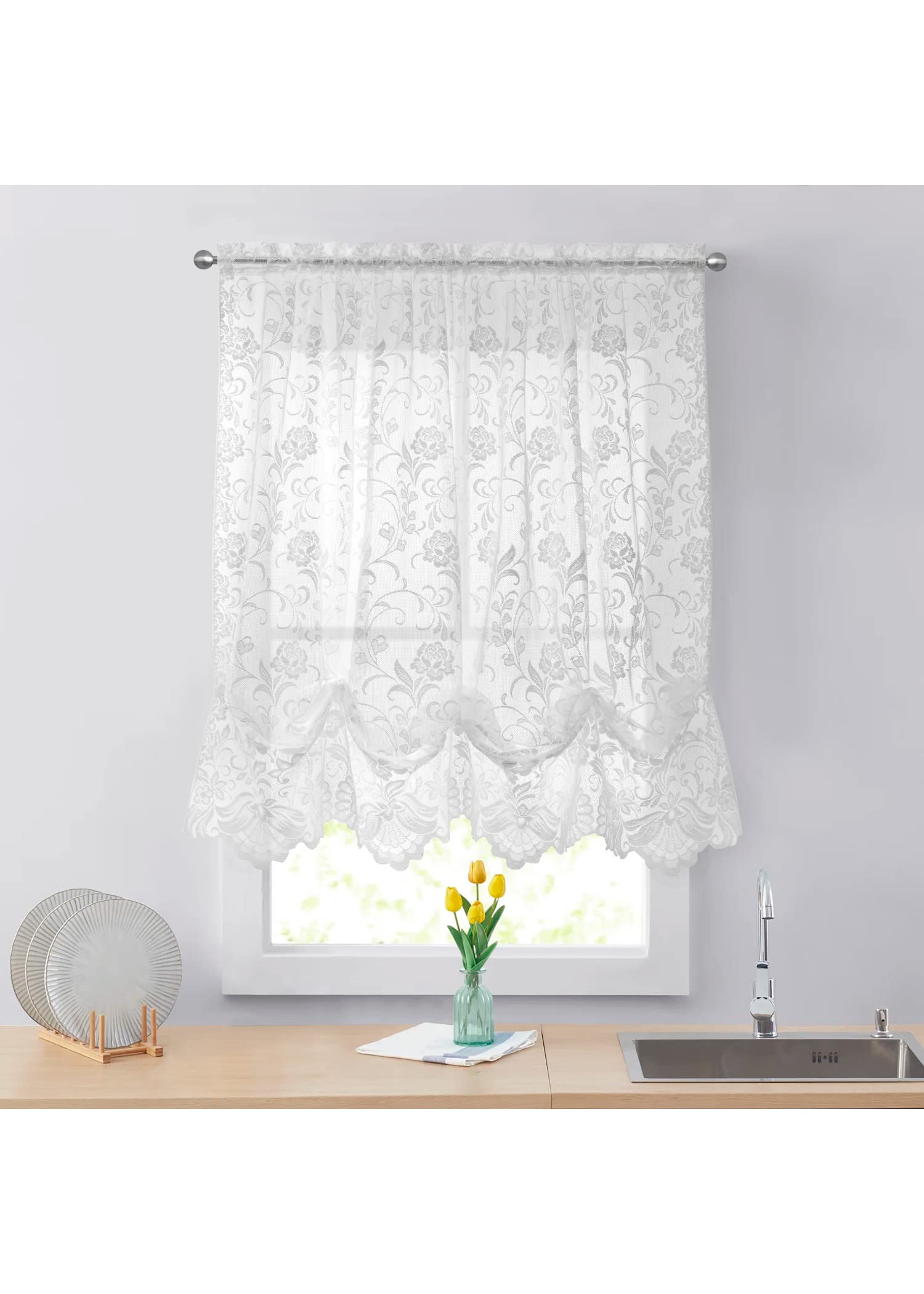 LOFT LIVINGLouis Embroidered Floral Lace Window Balloon Curtain Panel 55" x 63" in White
