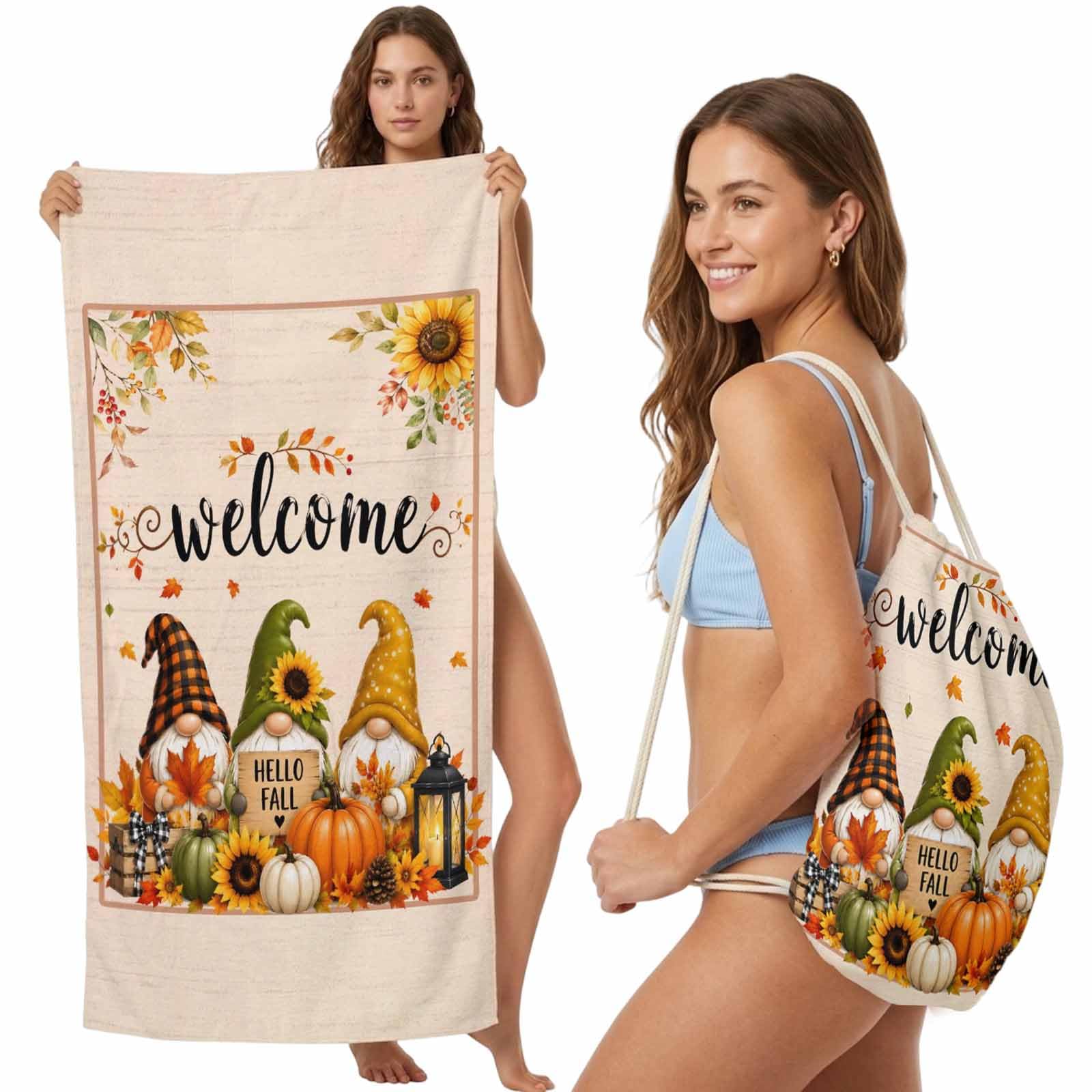 2-in-1 Beach Towel Backpack,Thanksgiving Pumpkin Gnomes Bath Towel with Built-in Storage Orange Maple Leaf Sunflower Convertible Foldable Beach Blanket for Travel Pool Gym Camping Swim,31x63in