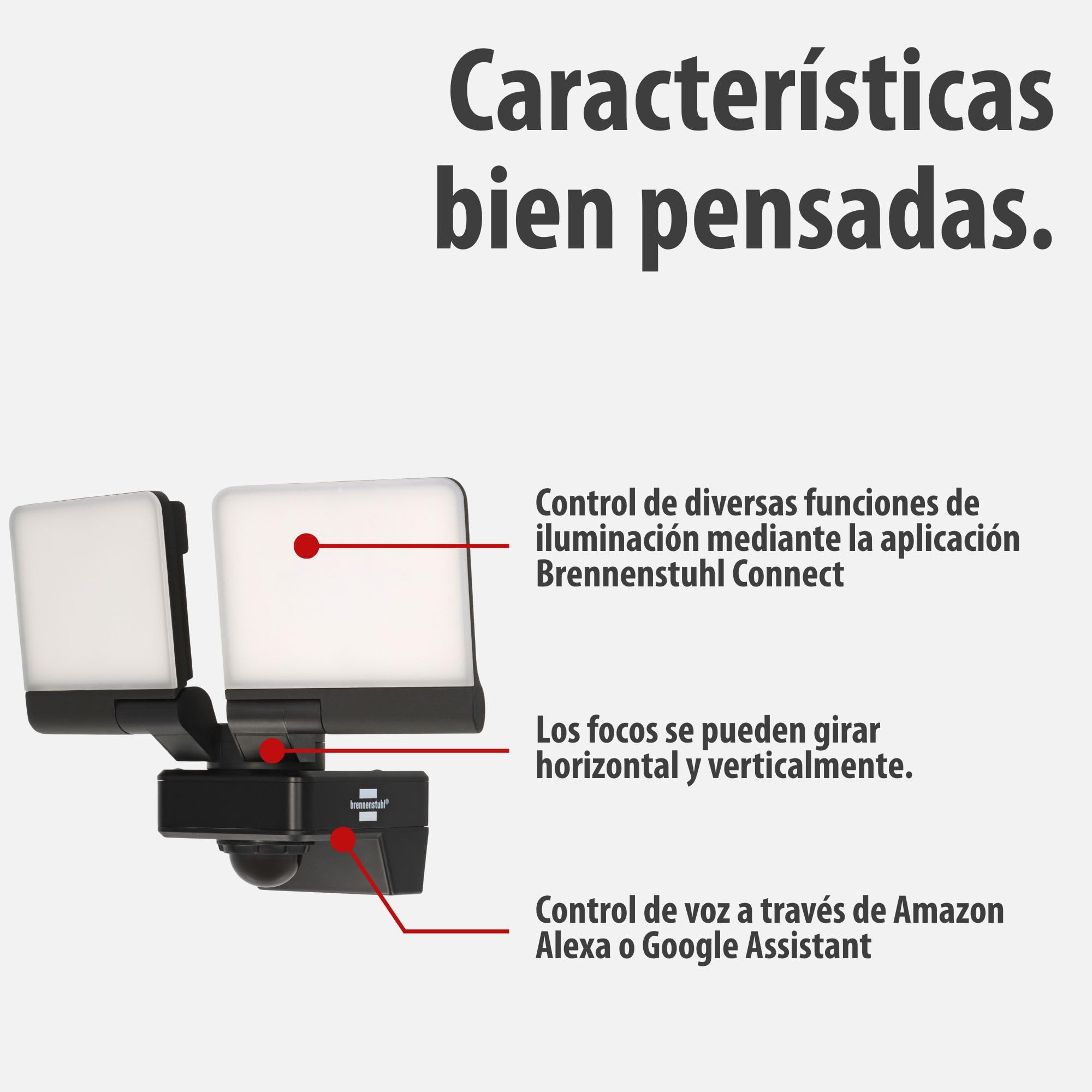 Brennenstuhl Connect WiFi Foco LED doble WFD 3051 P con detector de movimiento (36W, 4300lm, IP54, varias funciones de luz ajustables a través de la app, foco de exterior para montaje en pared)