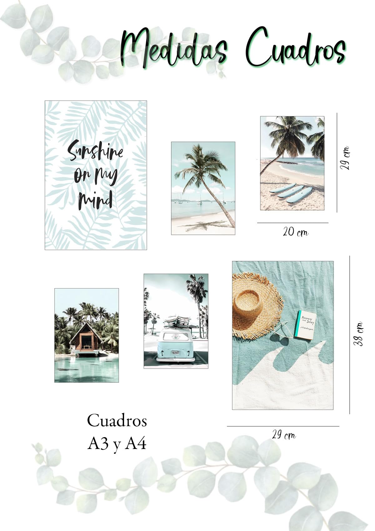 Set 6 cuadros base madera, Decoración Salón Modernos, Dormitorios, Habitación, paisaje, playa, naturaleza con colgadores metálicos, (38 x 29 cm cada cuadro)