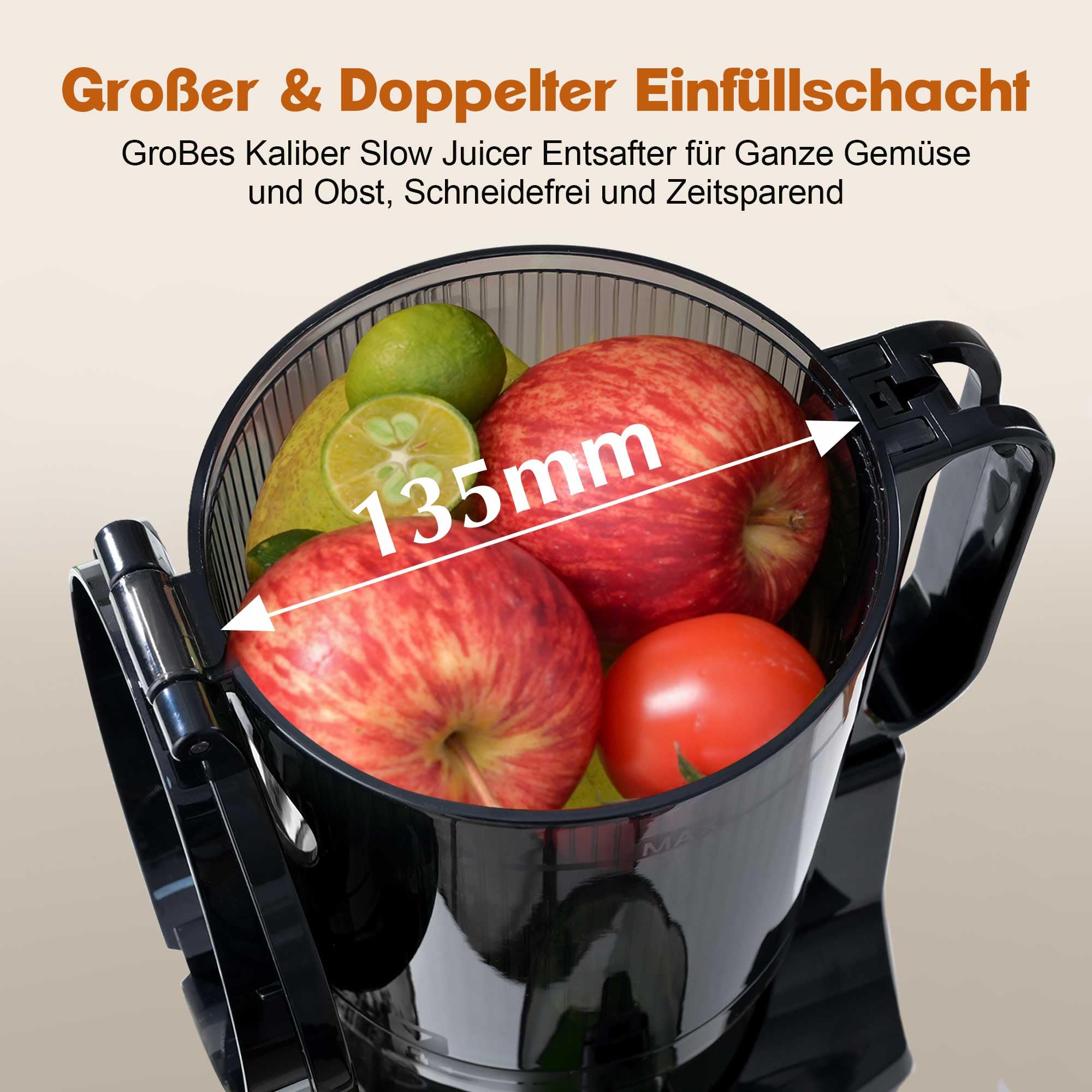 Fretta Entsafter Slow Juicer Machine, Entsafter Gemüse und Obst Testsieger | BPA Frei, 250W, Edelstahl, 135mm Öffnung, Ganze Früchte, Leicht zu Reinigen, Leiser, Umkehrfunktion, Hohe Saftausbeute