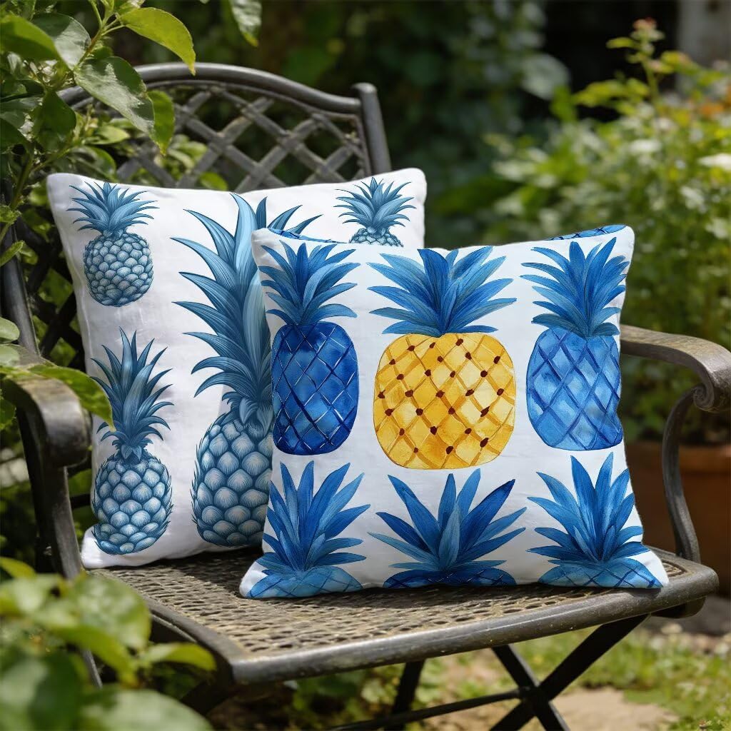 Housse De Canapé 65x65 cm Lot de 2 Bleu Coussin Canape 65 x 65 Coussin Decoratif Lin Coussincarré Ananas Impression Recto Verso avec Fermeture éclair Invisible pour Printemps Été Décoration 2-471LSL