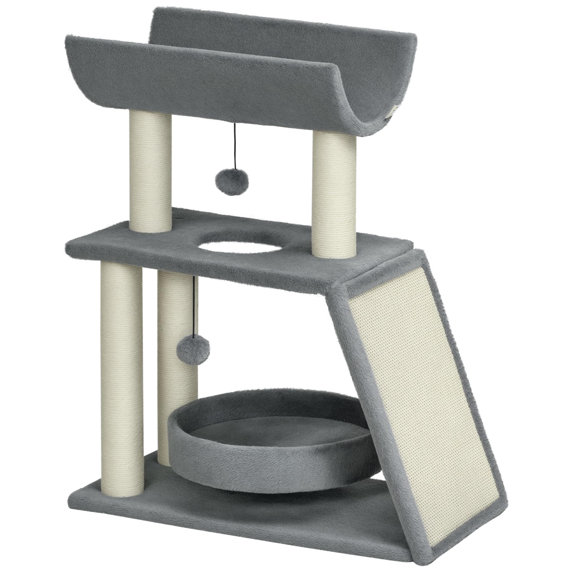 PawHut Cat Tree for Indoor Cats with Scratching Posts Pad, Kitten Tower with Bed Perch Ball Toy, 60 x 30 x 76 cm, Light Grey