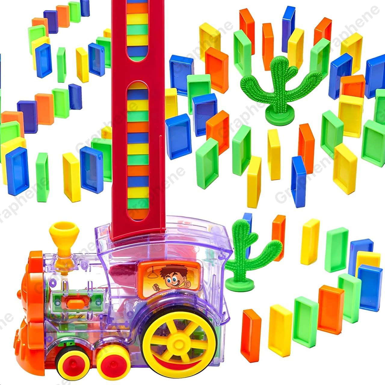 GRAPHENE 60 pcs Dominos Train Blocks Set Electric Train Engine Toy Steam Locomotive with Super Unique Fountain and Dazzling Lights and Sound for 3+ Years Kids and Toddlers Multicolor (B0CQJKMWKC) Amazon Price History, Amazon Price Tracker
