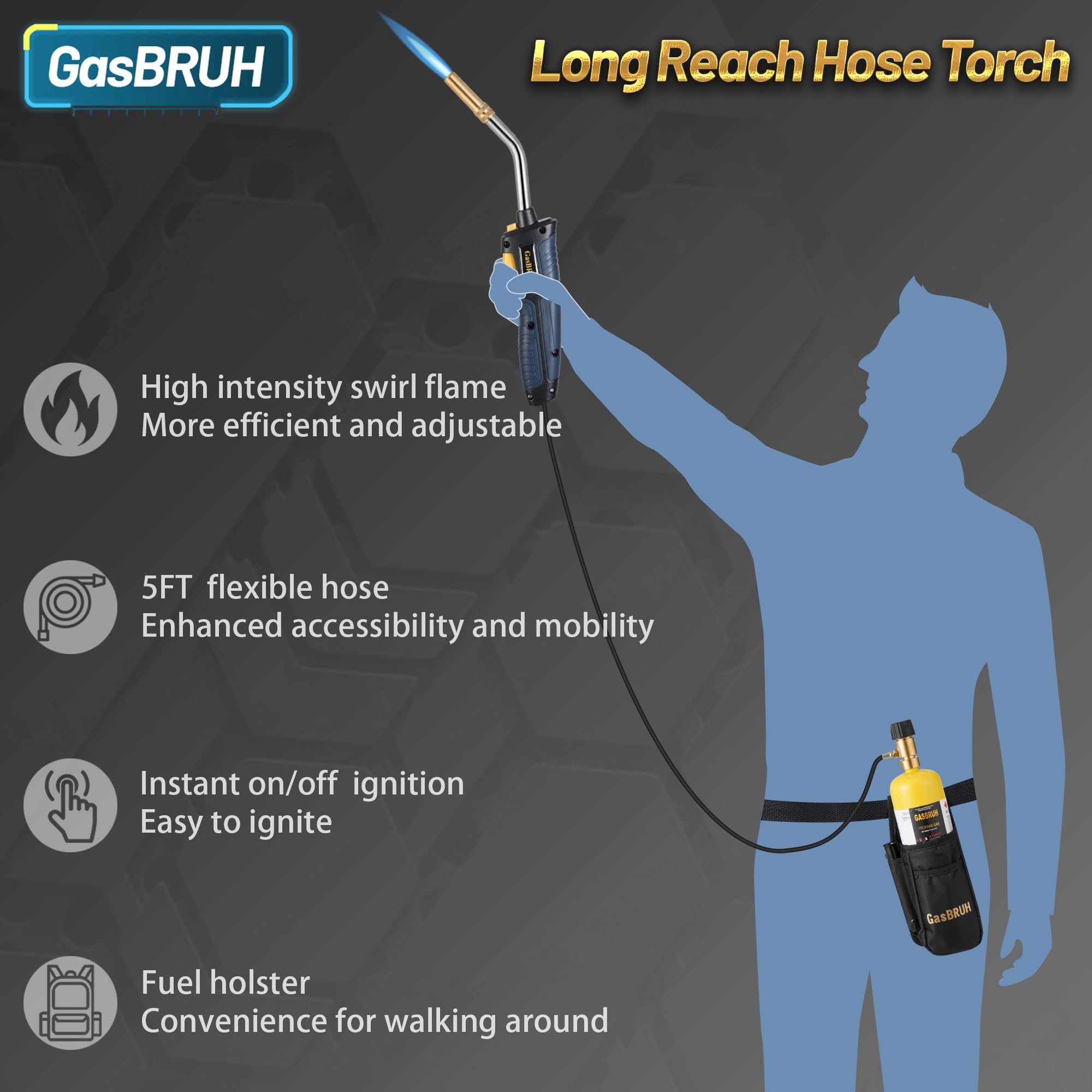 High Intensity Propane Torch Fuel by Propane,Map-pro,MAPP gas,Trigger-Start Reach Hose Torch Included Holster, 5FT Hose Torch, Propane Torch Head with Ignition,Soldering Torch Kit(Fuel not included)