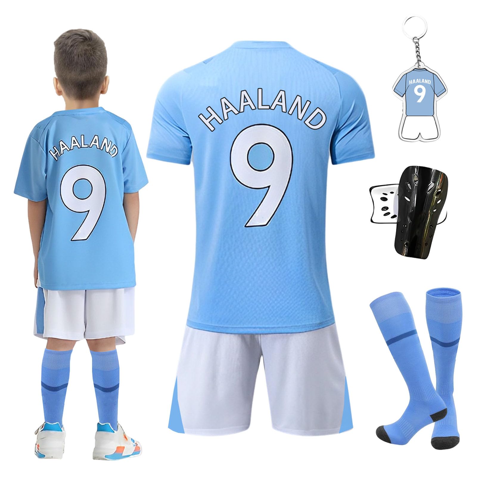 Byhsoep Camiseta de Fútbol,Conjunto de Fútbol de Jersey para Niños con Camiseta,Camiseta Deportiva de Fútbol con Pantalones Cortos,Calcetines y Placa Protectora de Rodilla