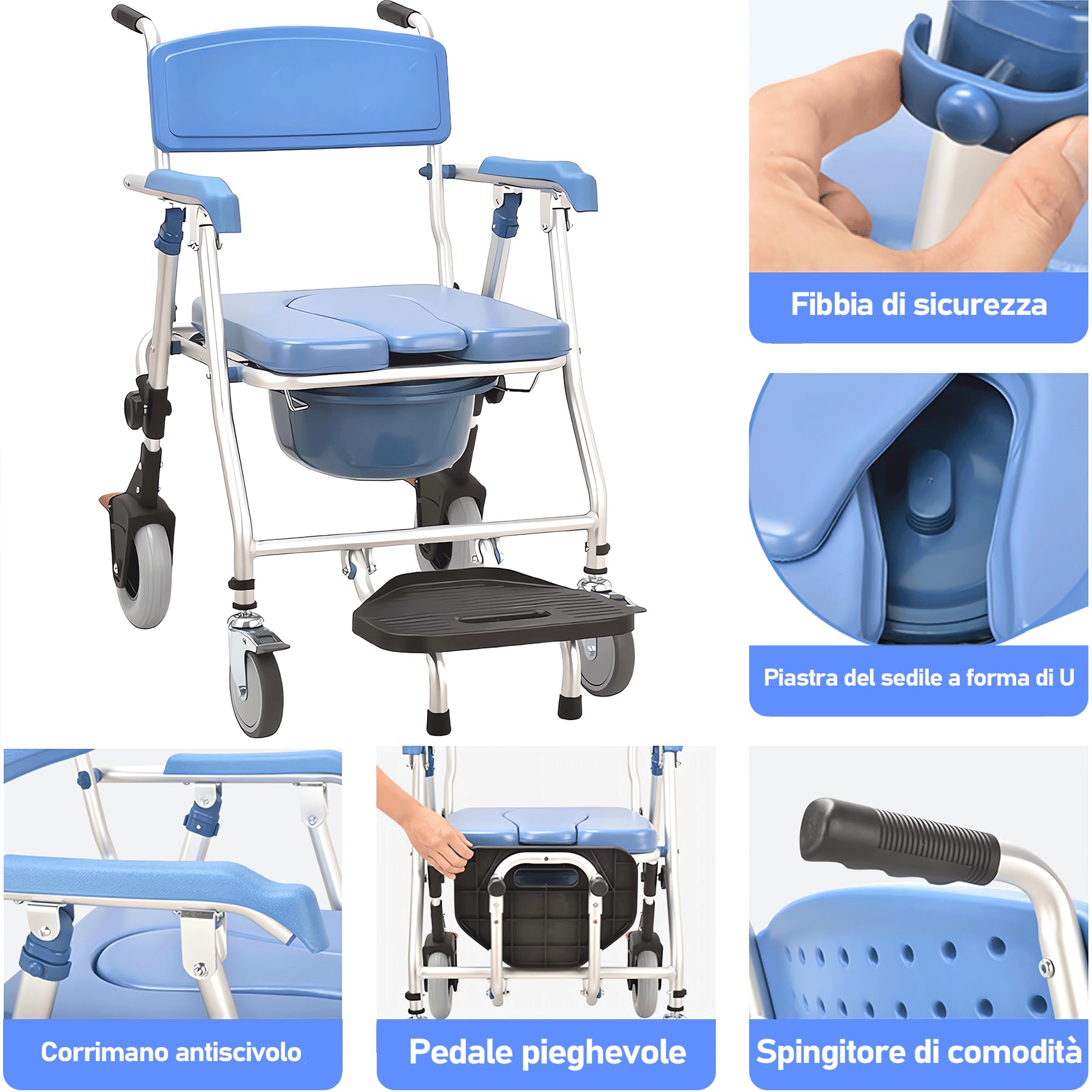 Sedia da Doccia con Rotelle per Anziani e Disabili, Sedia per WC con Rotelle Pieghevole, Sedile da Bagno - 4 Ruote con Freni, Ridurre L'attività per Evitare Lesioni, Carico 150 kg