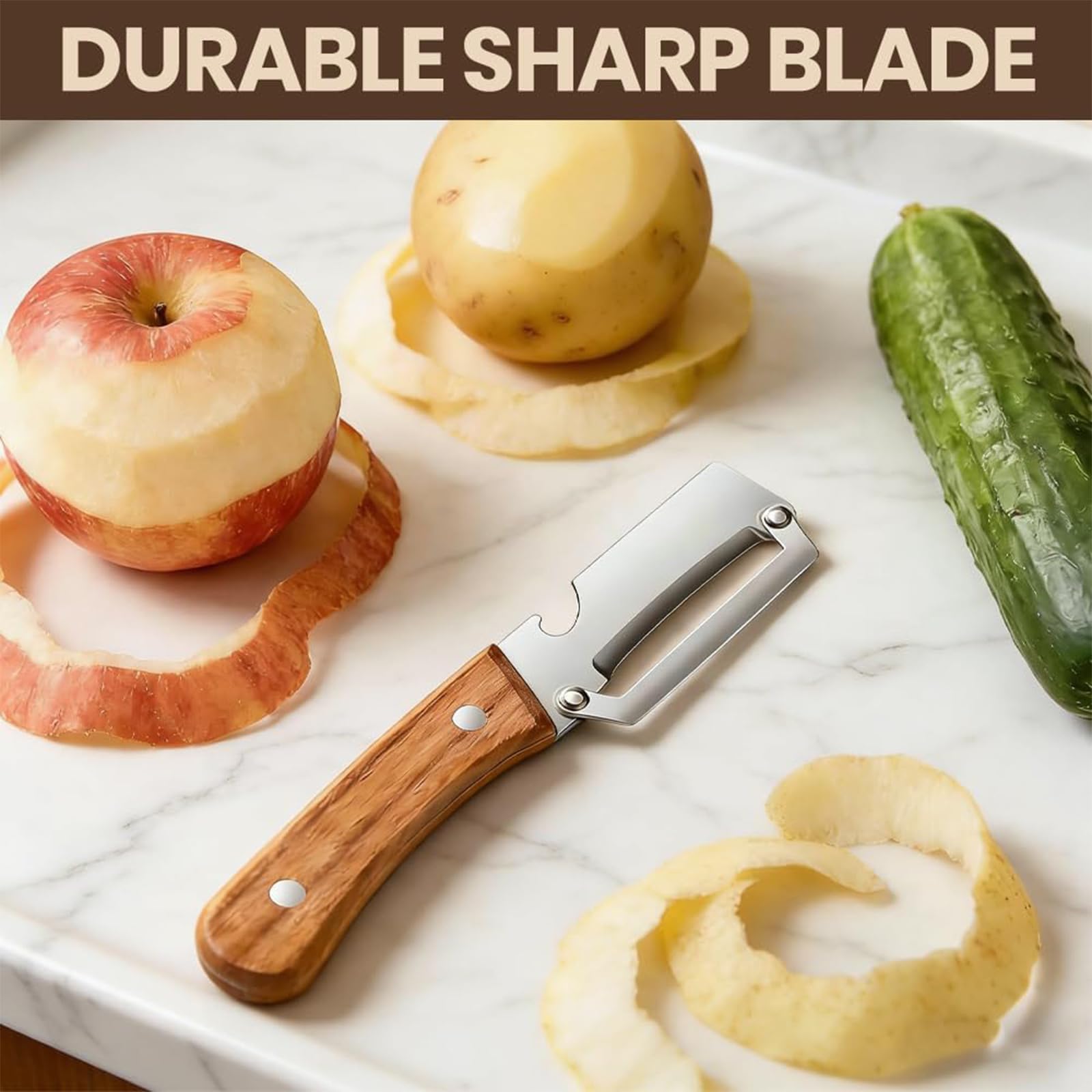 Multifunctional Vegetable Peeler with Wooden Handle 2 Pack,2-in-1 Stainless Steel Veggie Cutter with Bottle Opener,Kitchen Tool for Sugar Cane Potato Pineapple Pumpkin Papaya Carrot Fruit — view 7
