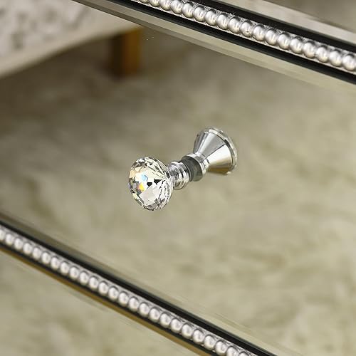 Miniatura 102 de SSLine Mesa auxiliar cuadrada con espejo con luces LED, mesita de noche con espejo, mesa auxiliar de espejo con acabado plateado para dormitorio,