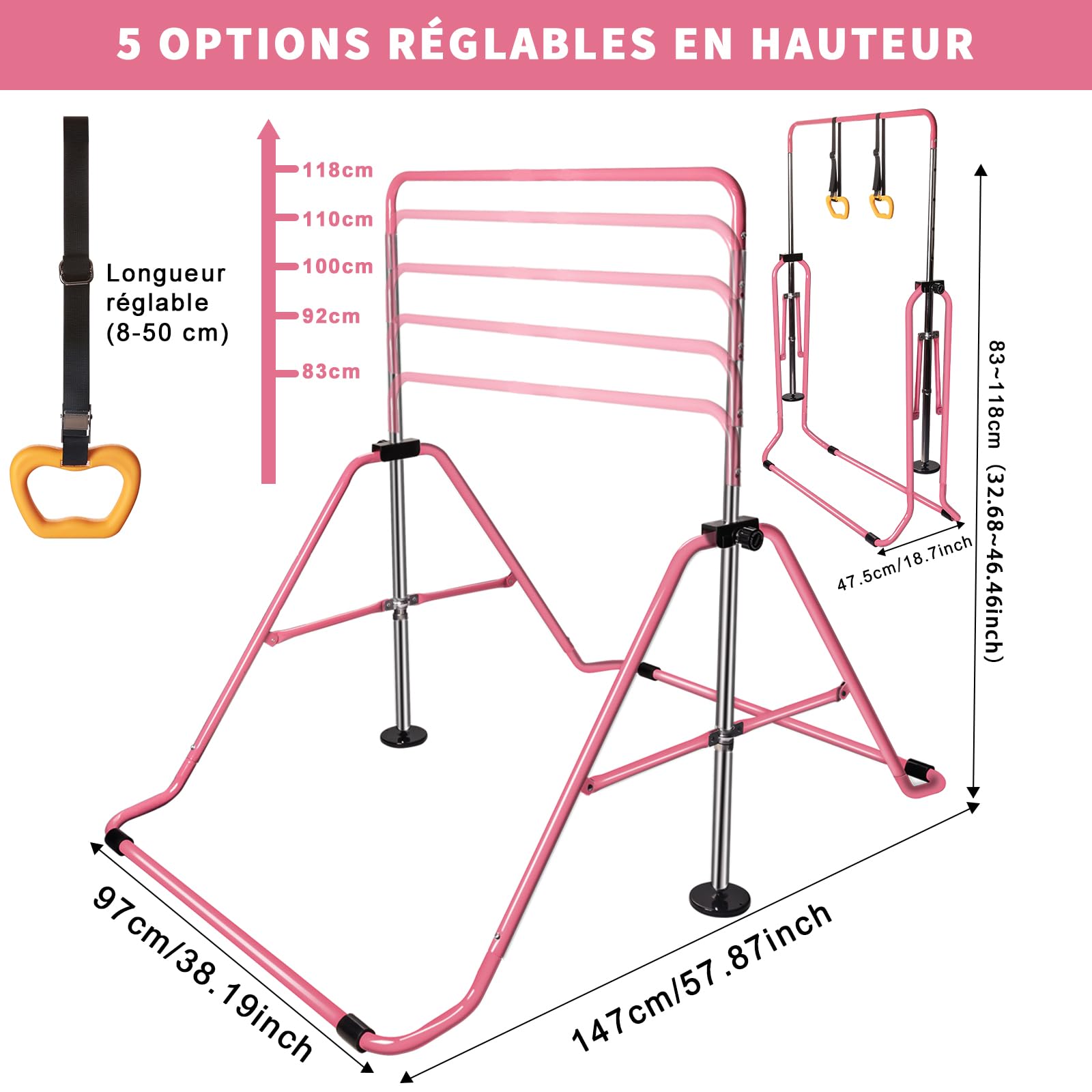 Barre de gymnastique télescopique pliable pour enfants Hauteur réglable Barre horizontale Fitness Escalade Tour de gym à domicile pour enfants/enfants