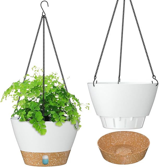 ZMTECH 2 Pack 8 Inches Hanging Plant Pot 20cm Garden Ornaments Flower Pots with Visible Water Level Tray Drainage Holes Removable Saucer for Indoor Outdoor Plants(White)