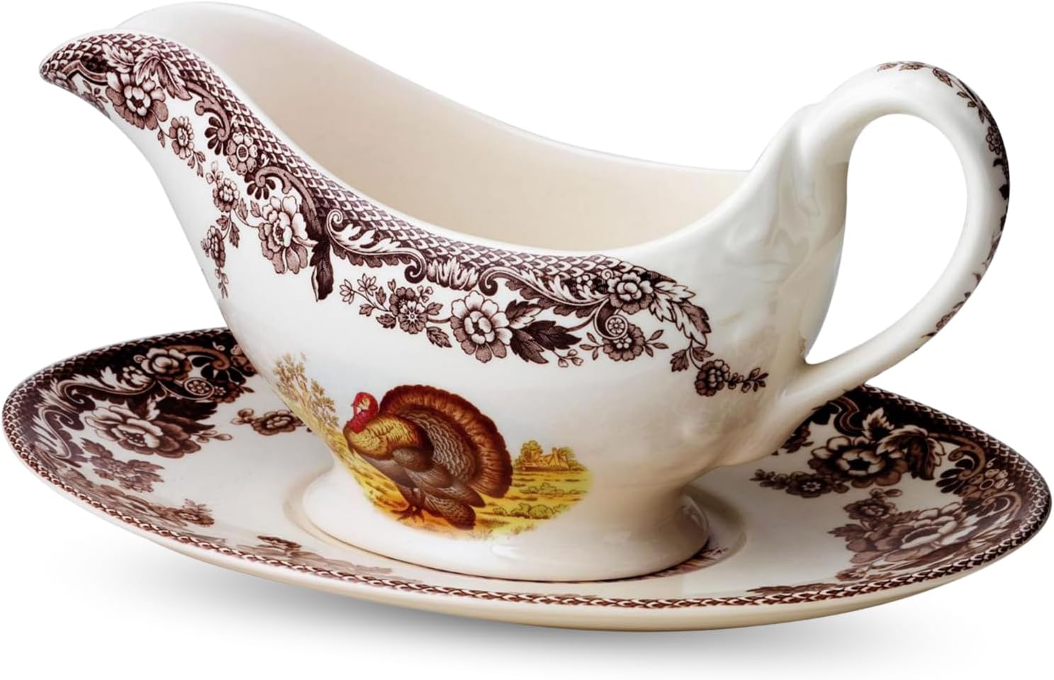 Spode Woodland Turkey Sauce Boat with Stand - 11 oz Fine Porcelain Gravy Server with Holiday Turkey Design, Dishwasher, Microwave & Warm Oven Safe - Classic Thanksgiving Tableware