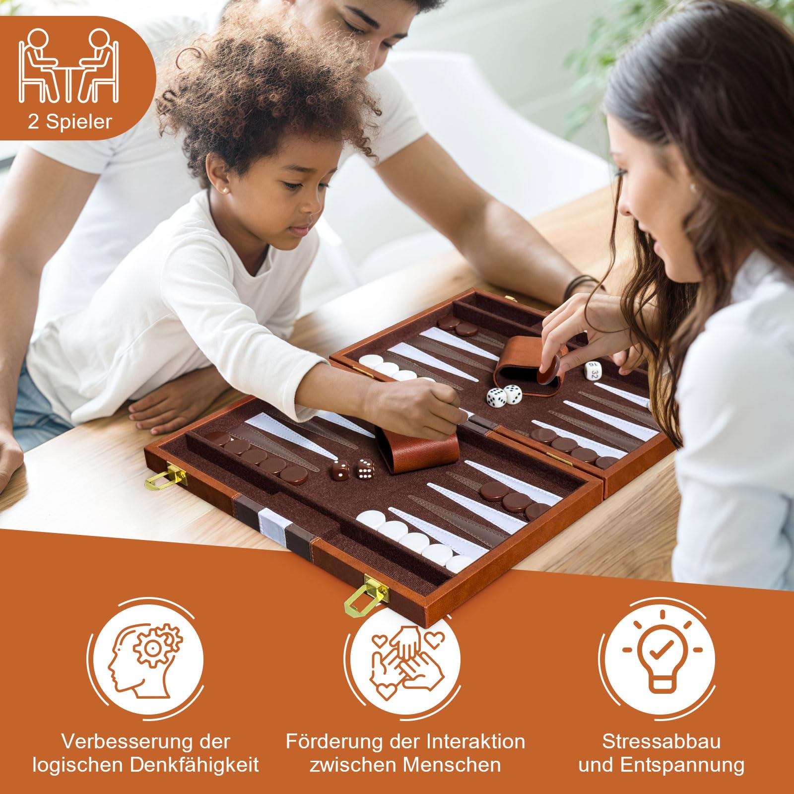 Backgammon Set, 15" Klassisches Backgammon Koffer, 2 Spieler Brettspiel Tragbares Reise Strategie Spiel Set für Erwachsene Kinder (15 Zoll, Braun)