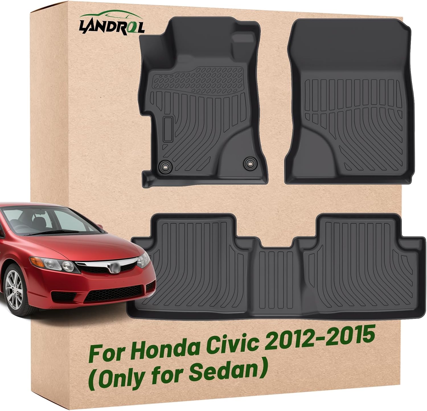 Car Floor Mats Replacement for Honda Civic Sedan & Sedan Si 2012-2015 (Not for Coupe) Heavy Duty Liner Custom Fit All Weather Protection Carpets Coverage Waterproof Durable Odorless