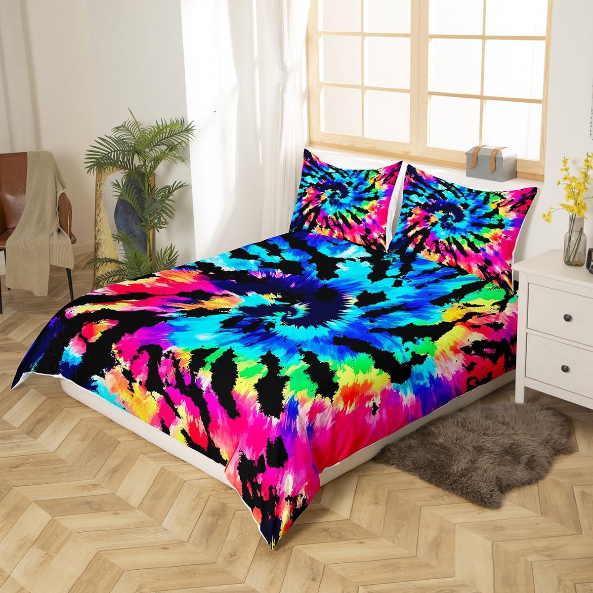 Purple Tie Dye Bedding Set Queen,Blue Tie Dye Duvet Cover Spiral Tie Dyed Printed Comforter Cover Set,Boho Hippie Bed Set Abstract Art Theme Quilt Cover Set with Zipper(Watercolor Rainbow Tie Dye)
