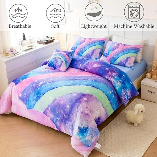 Miniatura 3 de ANGIYUIN Juego de edredón azul para adolescentes con teñido anudado, tamaño Queen para niñas, 3D, arco iris, degradado, purpurina, ropa de cama para