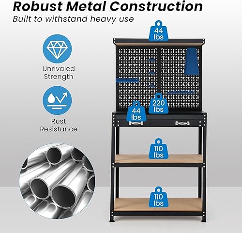 Miniatura 5 de ERGOMASTER Banco de trabajo con cajones, banco de trabajo de garaje resistente con tablero de clavijas, mesa de trabajo de capacidad de 965 libras