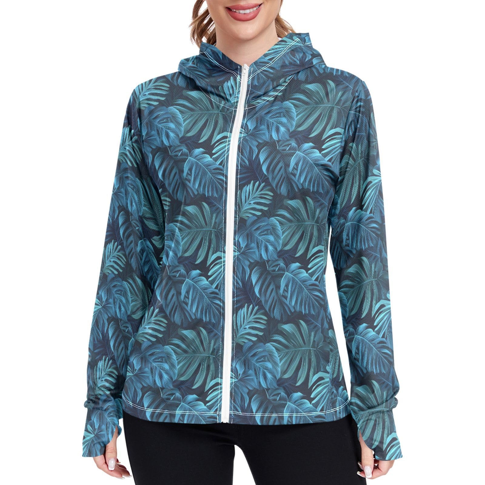 Tropical Monstera Women Sun Protection Lightweight Hoodie Jacket Zip Up Jackets for Women UPF 50+ Clothing for Hiking Golf Running L Turquoise Teal
