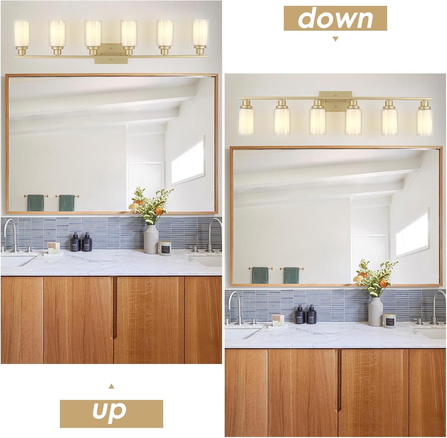 Jonsi Bathroom Vanity Light 6-Light Gold Vanity Lights 44.5" Bathroom Light Fixtures Over Mirror with Double Clear Glass Modern Wall Sconces for Living Room Hallway Bedroom