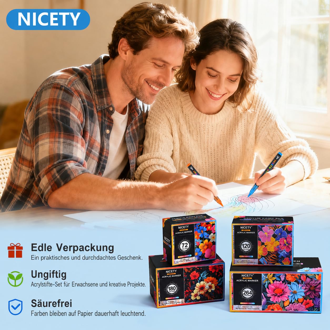 NICETY 264 Acrylstifte für Steine Wasserfest - Pinselspitze Acrylmarker für Steine, Holz, Stoff, Leinwand, Glas, Keramik, 1-6mm Multimarker Acrylfarben Marker Set