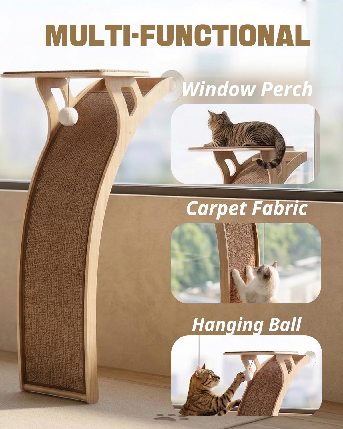 JKXJKX 119,4 cm pavimento finestra gatto trespolo con rampa graffio curva, 36,3 kg resistente finestra letto sedile con ventose, mobili per gatti di grandi dimensioni indoor bird watching