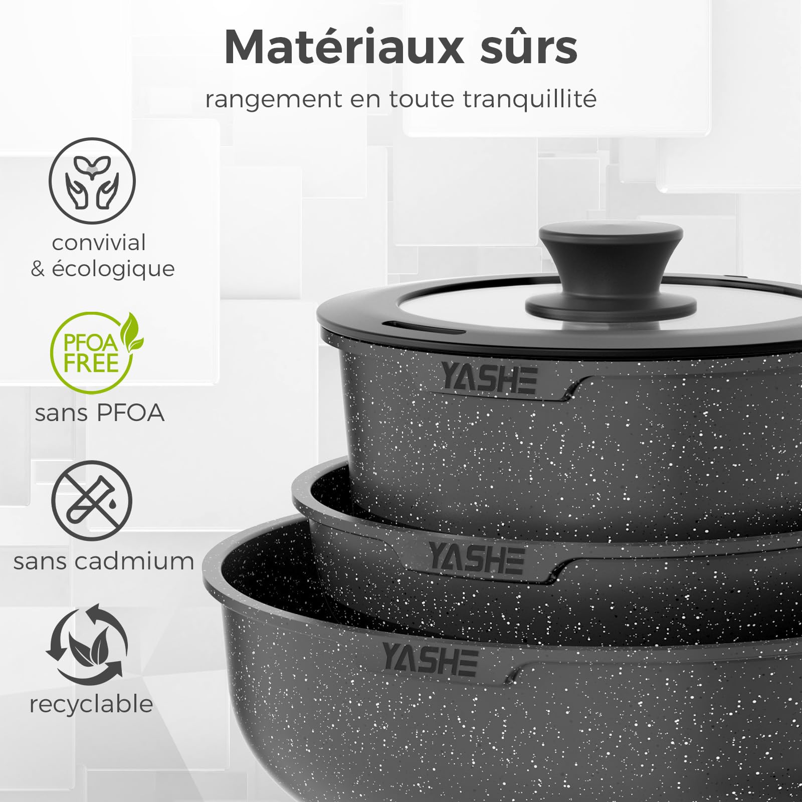 YASHE Batterie de Cuisine 9 Pièces, Set de Casseroles et Poêles Antiadhésives, Compatible Tous Feux dont Induction, Poignées Amovibles, Passe au Four, Design Empilable et Gain de Place, Grise