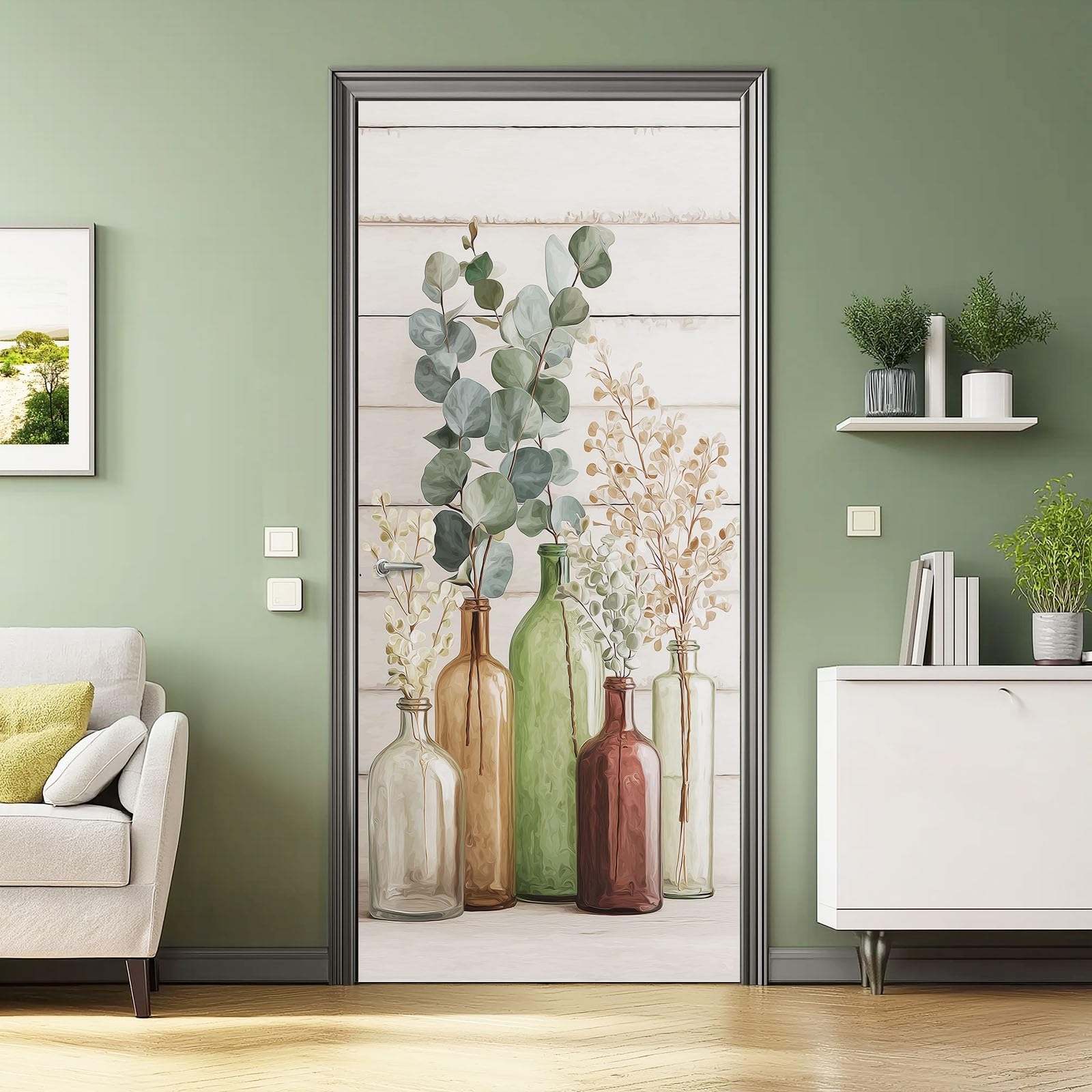 Akwarelowy wzór roślin, samoprzylepna, naklejka na drzwi, 80 x 210 cm, vintage, liście eukaliptusa, kwiaty PCW, wodoodporna, plakat na drzwi, beżowa, nowoczesna folia na drzwi do sypialni, łazienki