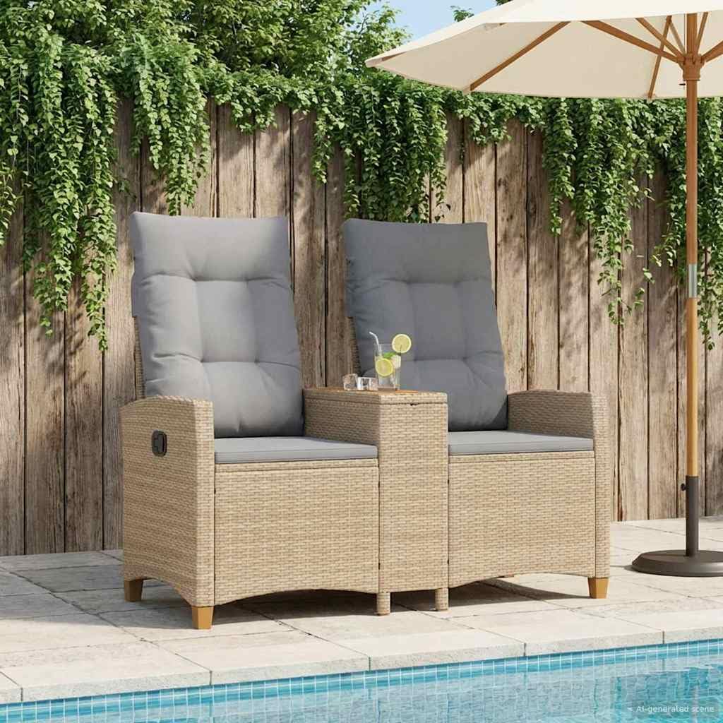 Liegebank mit Tisch Beige Hellgrau 126 x 65 x 112 cm Gartenbank Balkonbank Terrassenbank mit Verstellbarer Rückenlehne und integriertem Tisch für Entspannung im Outdoor-Bereich