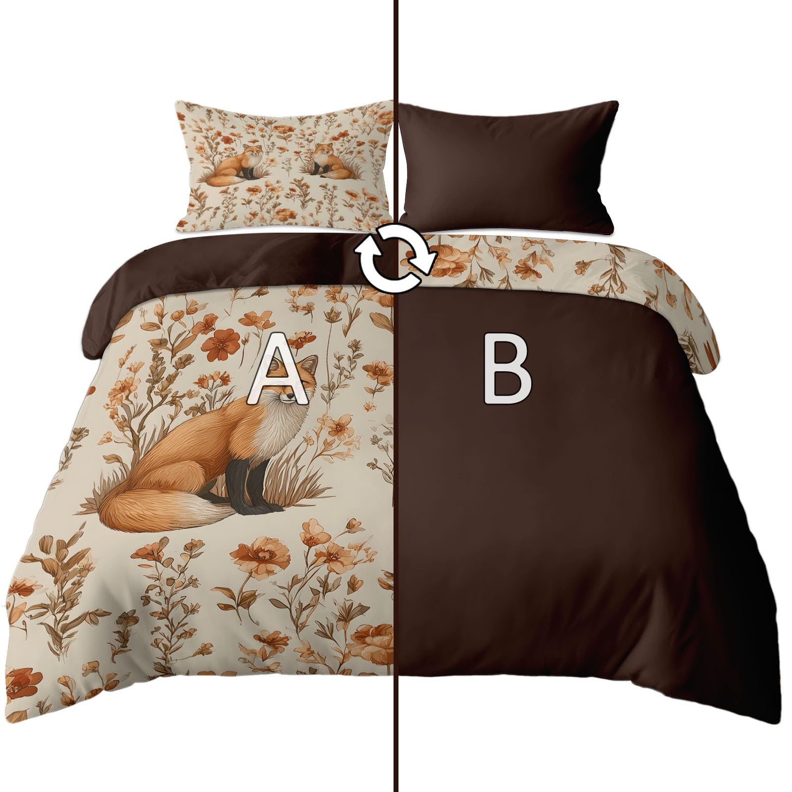Generisch Retro Landhaus 3-teiliges Bettwäsche-Set, 1 Bettbezug 180 x 200 cm und 2 Kissenbezüge 80 x 80 cm, Taupe, Herbstblumen Fuchs, Pflegeleicht, Erwachsene, Schlafzimmer