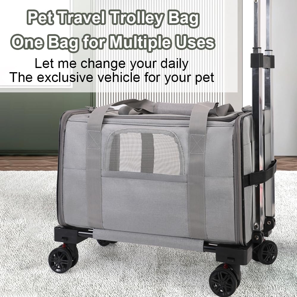 Bolso Transportador para Mascotas con Ruedas, Transportín Desmontable con Asa Telescópica y Correa para EI Hombro, Ideal para Perros y Gatos Pequeños, para Viajes (Gris con Bordes Azules)