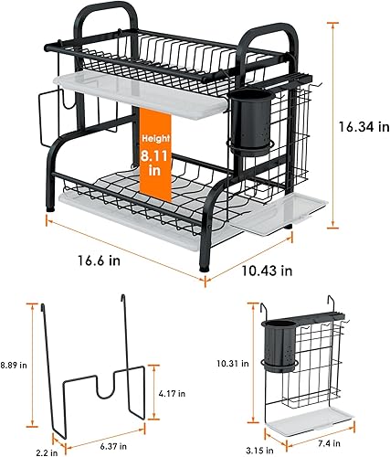 Miniatura 5 de LEGUANG Escurridor de platos de acero inoxidable de 2 niveles, organizador de cocina que ahorra espacio para en/sobre fregadero/encimera, con