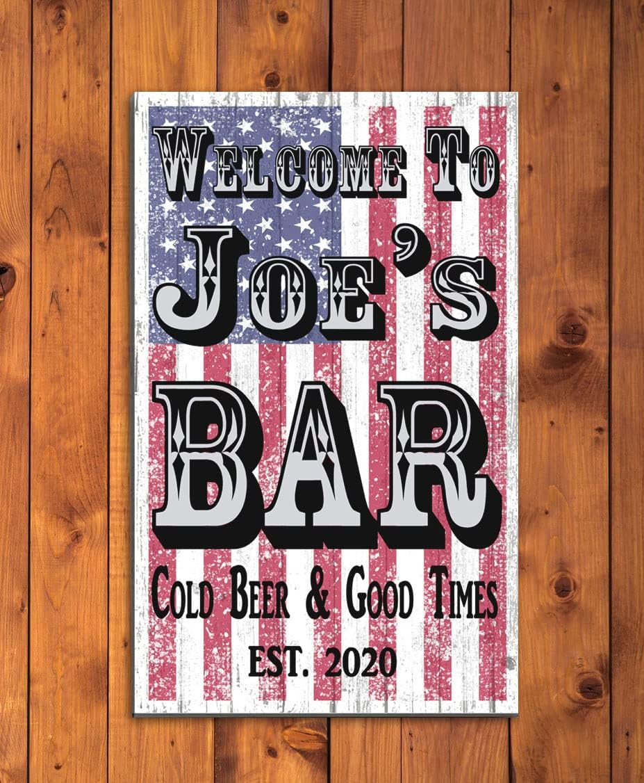 Bar Sign Custom American Flag Man Cave Signs Personalized Wall Art Decor Personalized with Name, Year & Slogan – Gift for Dad, Husband, or Friend – 10.5" x 16.5"