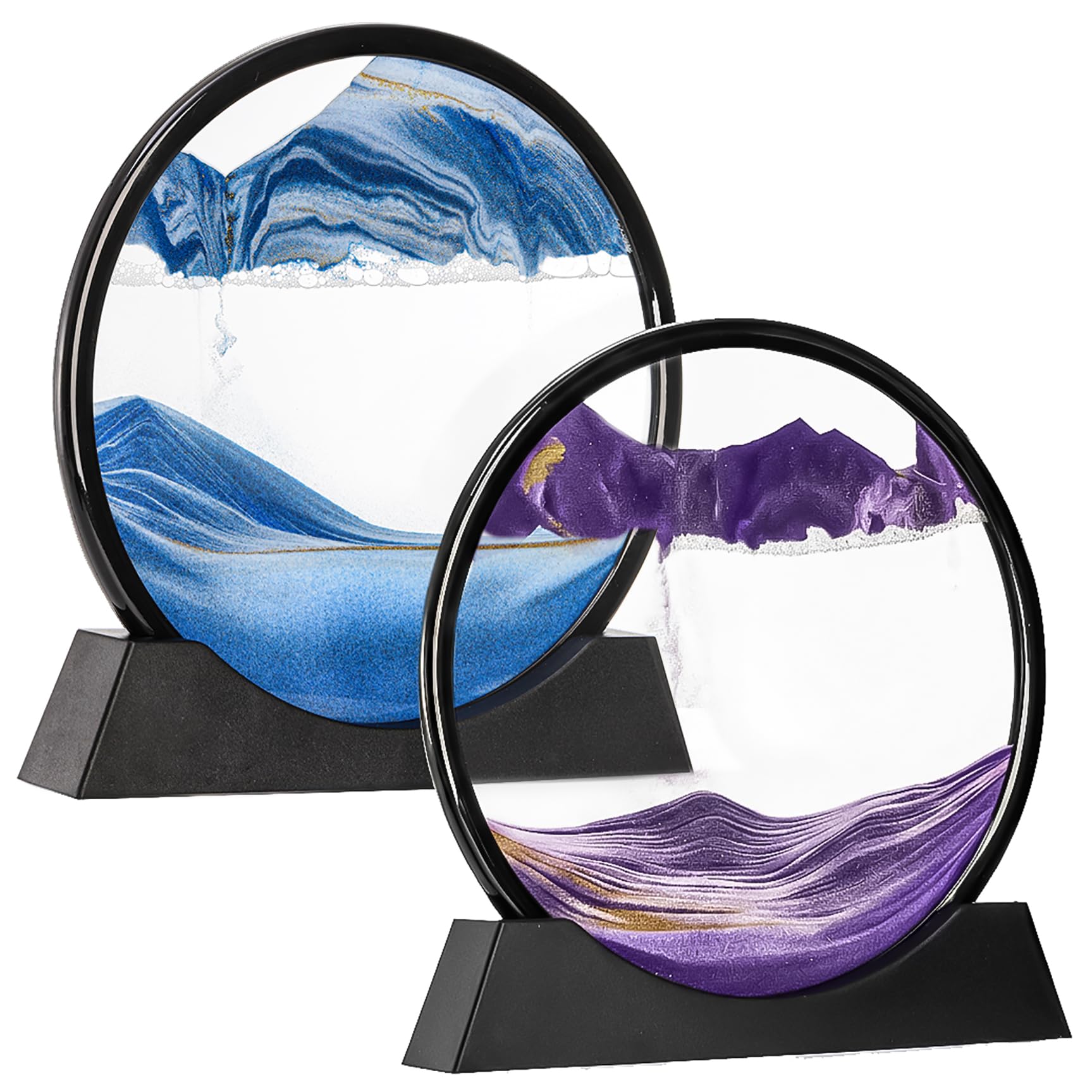 Hiceeden 2 Pack 10 Inch Moving Sand Art, 3D Sand Liquid Motion Sandscapes, Round Glass Deep Sea Sands Picture, Flowing Sands Painting for Office Desktop, Home Decor, Blue and Purple
