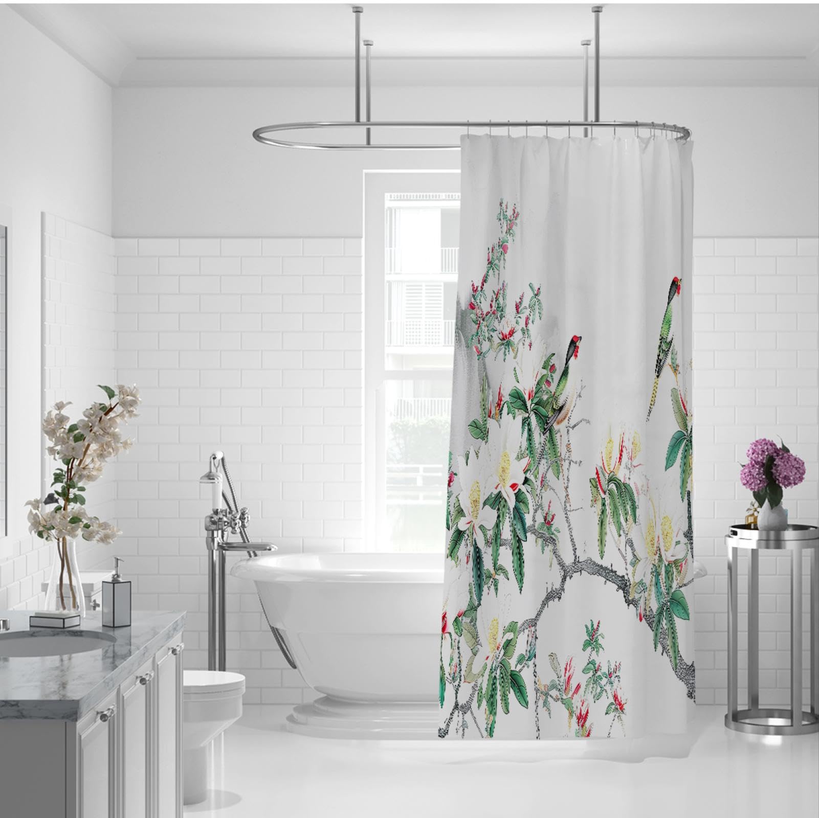 Chinesischer Frühlingsblüten-Duschvorhang Luxus-Badezimmer-Upgrade Maschinenwaschbare Papageien Drucken Weißer Duschvorhang-Liner mit Haken 180x180