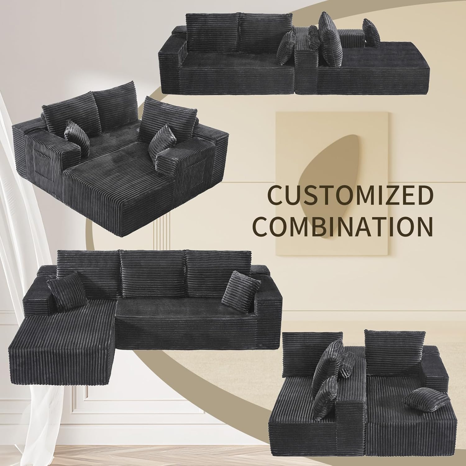 106'' Cloud Sectional Couch with L-Shape Chaise, Boneless Modular Sofa with Deep Seat, Modern Corduroy Couch for Living Room, No Assembly Required. (Grey, Left-Facing Chaise)