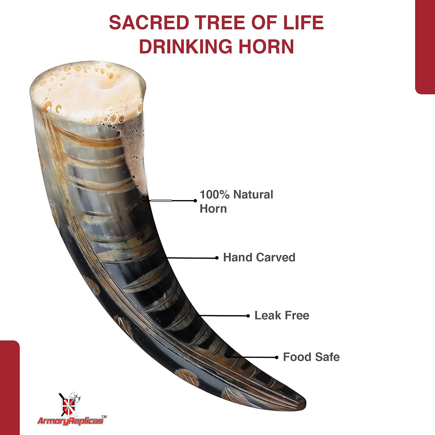 Armory Replicas™ Sacred Tree of Life Engraved Drinking Horn – Handmade Natural Polished Horn Mug 10–16 oz