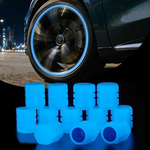 12 Bouchons De Valve de Pneu de Voiture Lumineux, Capuchons Fluorescents de Valve, Bouchon de Valve Lumineux, Bouchon Valve Lumineux, Accessoire Universel pour Voiture Vélo Motos (Bleu) - 1