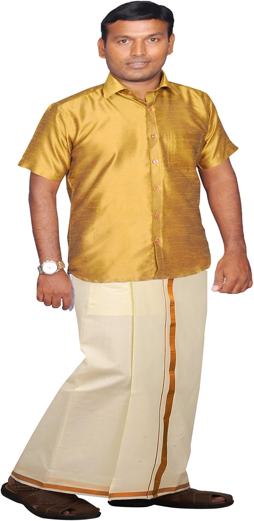 Mens Dhoti Shirt Set (Cream Colour Single Dhoti & A Dupion Silk Half Sleeve Slim Fit Shirt)
